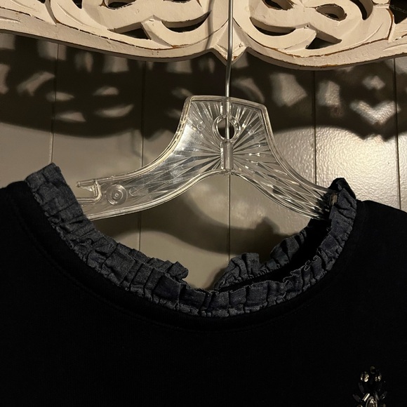 Crown & Ivy Novel Navy Bead Embellished Denim Ruffle Trim Sweater - Picture 4 of 6